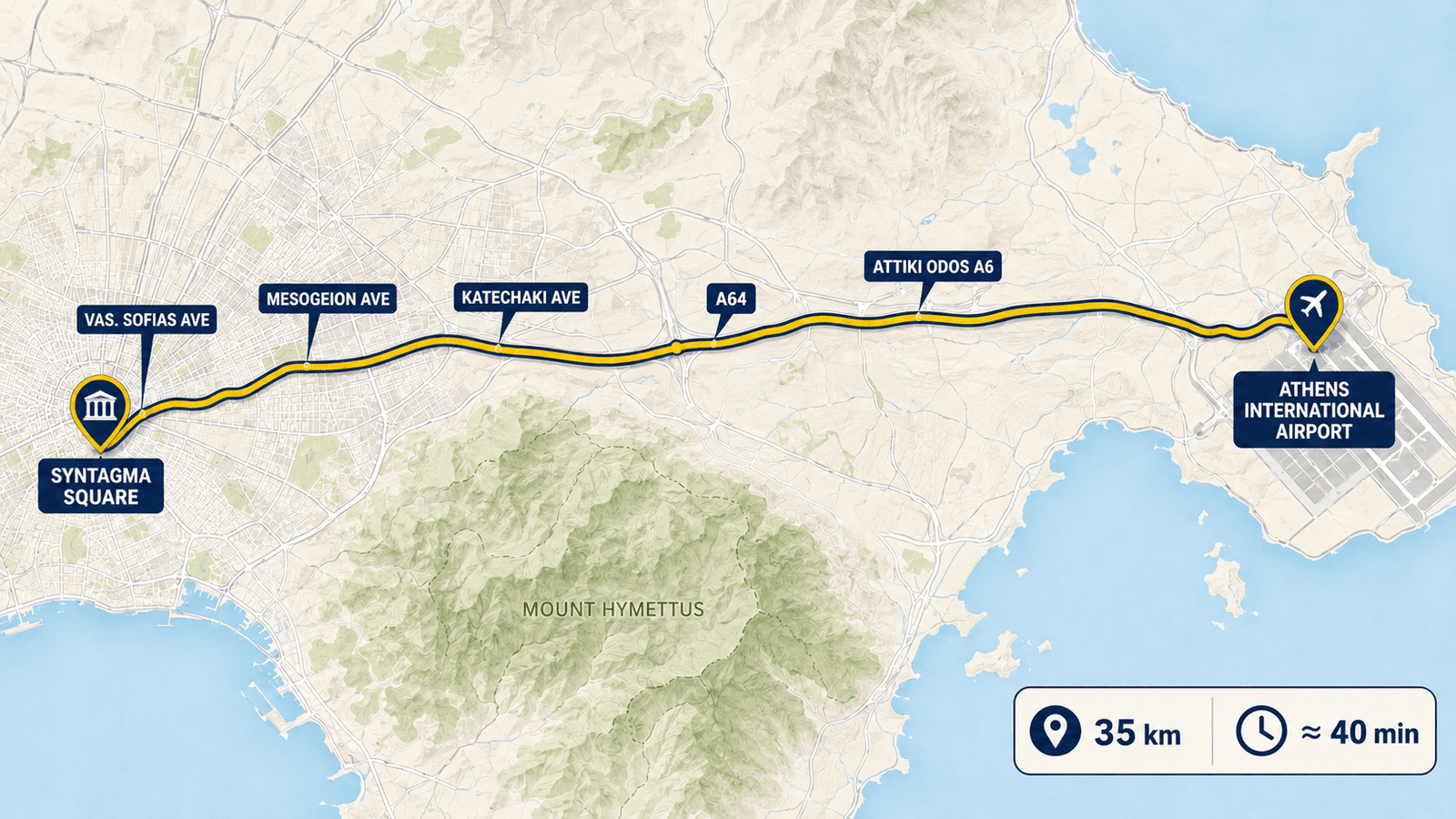 Map route from Athens Airport to Syntagma Square