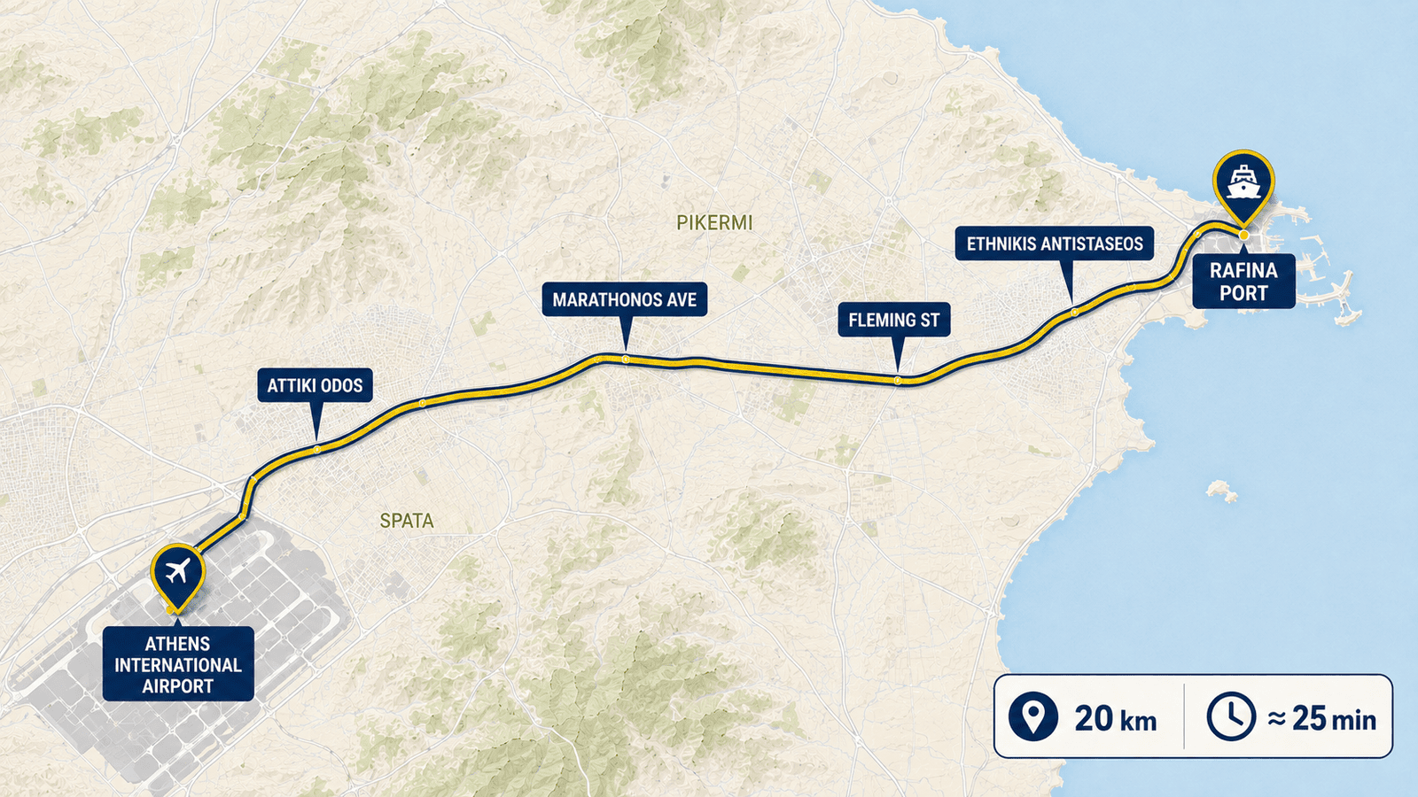 Map route from Athens Airport to Rafina Port