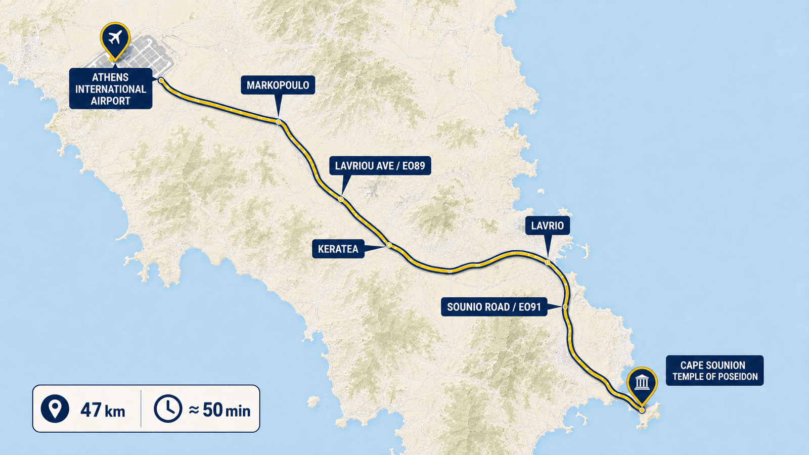 Map route from Athens Airport to Cape Sounion