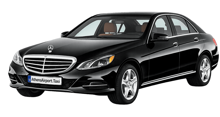Black Mercedes-Benz sedan taxi with AthensAirport.Taxi plate