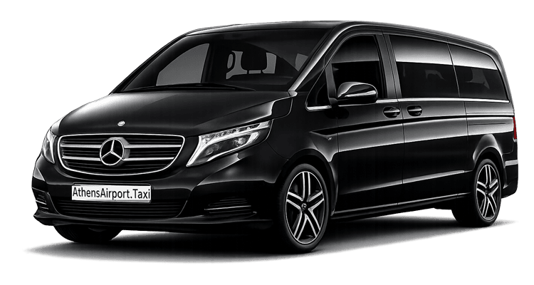 Black Mercedes-Benz airport taxi van with AthensAirport.Taxi plate