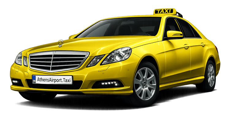 Yellow Athens airport taxi sedan with roof sign