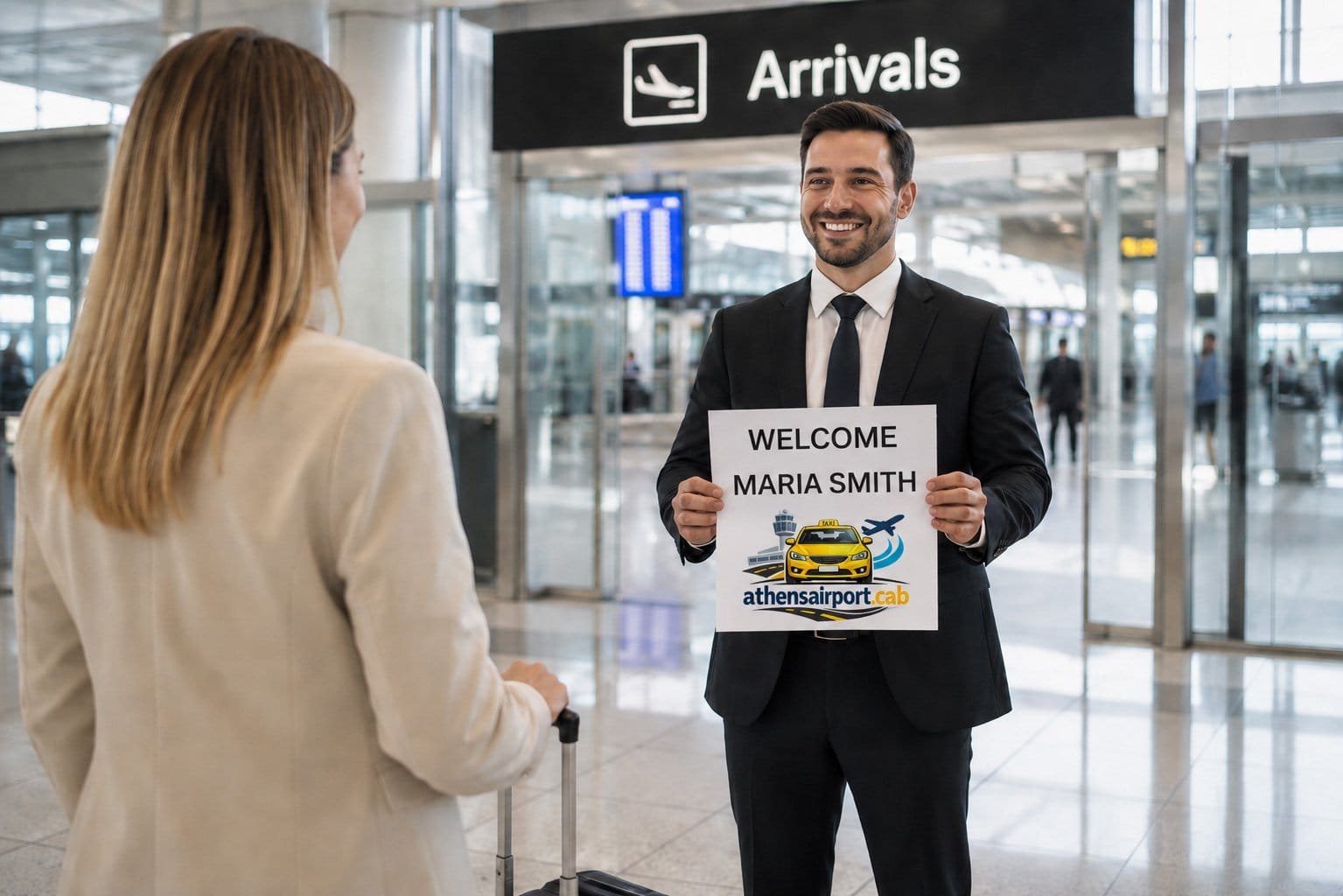 Airport driver welcomes traveler Maria Smith at arrivals
