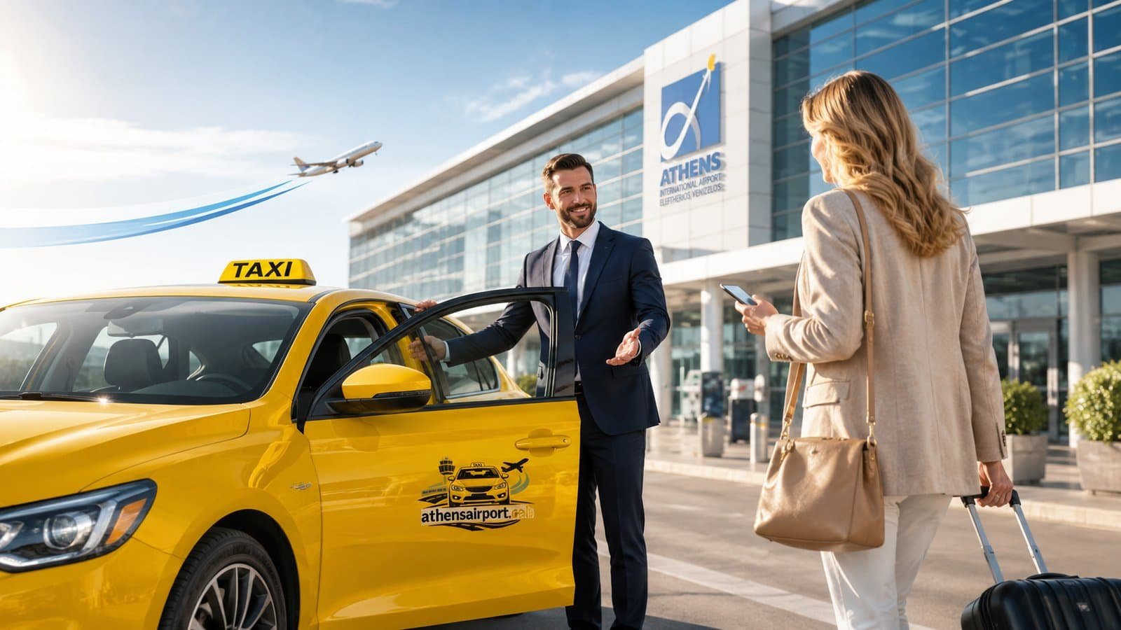 Traveler boarding yellow taxi outside Athens International Airport